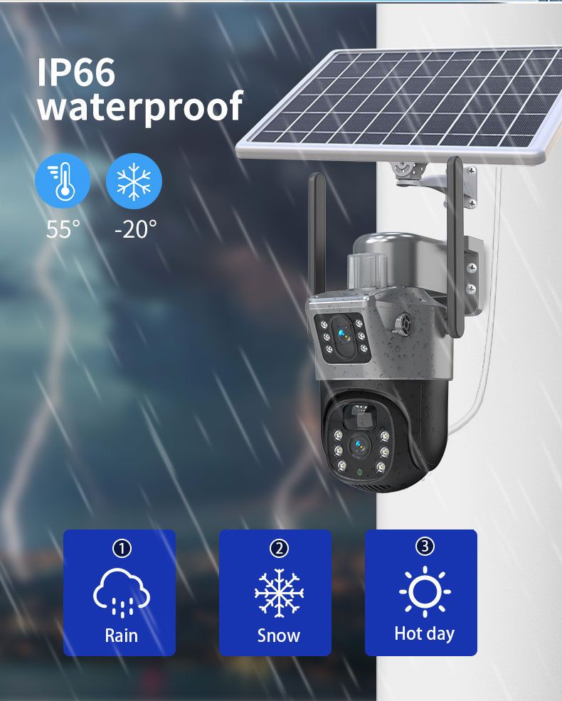 Telecamera di sicurezza 4G/WiFi a doppia lente alimentata ad energia solare - Telecamera PTZ e Bullet a 360° per esterni con visione notturna (visualizzazione remota, rilevamento del movimento, resistente alle intemperie)_voghion.com