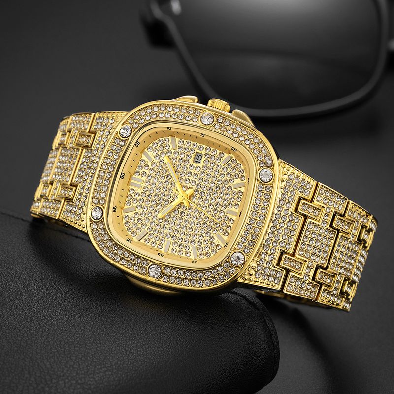 Rap Hip Hop Gold Luminous Square Full Diamond Men's Watch_voghion.com