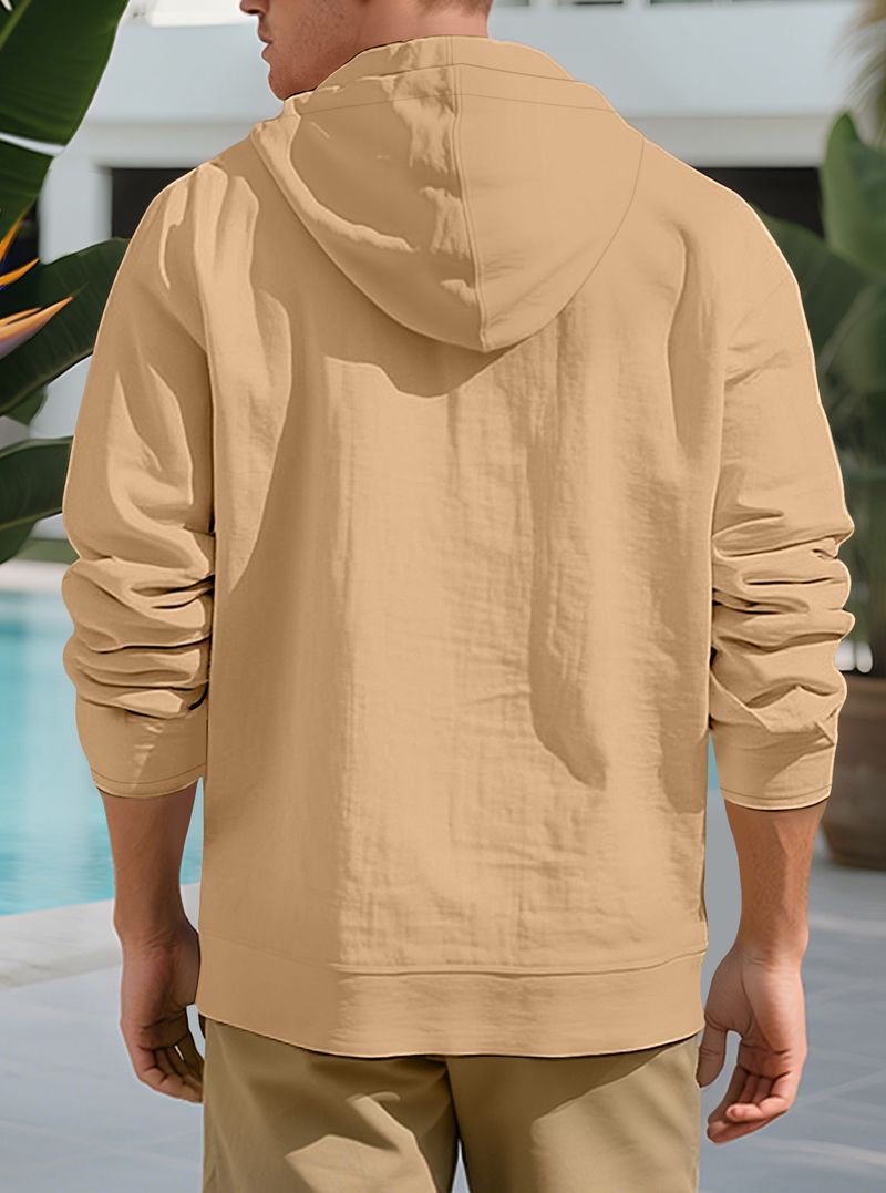 Camicia da uomo con bottoni, casual, ampia, in lino, semplice, con cappuccio, a maniche lunghe, primaverile e autunnale_voghion.com