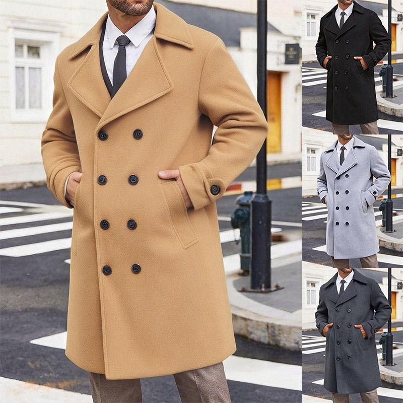 Autumn Winter New Men's Trench Coat Jacket Double-Breasted Mid-Length Woolen Overcoat_voghion.com