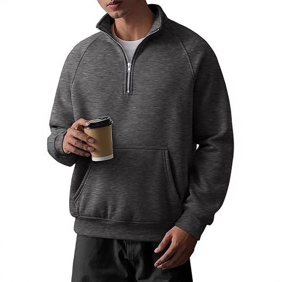 Herrenbekleidung Fleece-Kapuzenpullover mit Stehkragen und halbem Reißverschluss – Locker geschnittenes Langarm-Sweatshirt für den Winter (Weiß, Schwarz, Grau, Marineblau, Kamel)_voghion.com