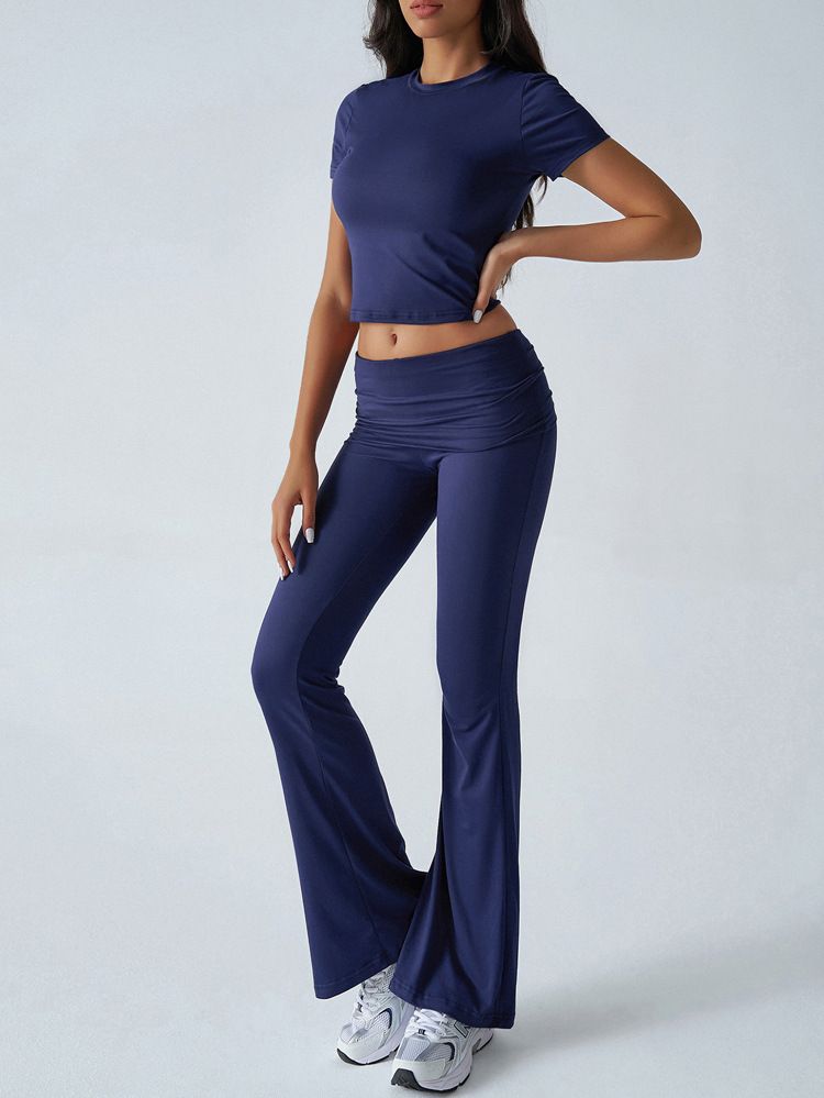 Women's Clothing Casual Solid Color Slim Short Sleeved Long Pants Suit_voghion.com