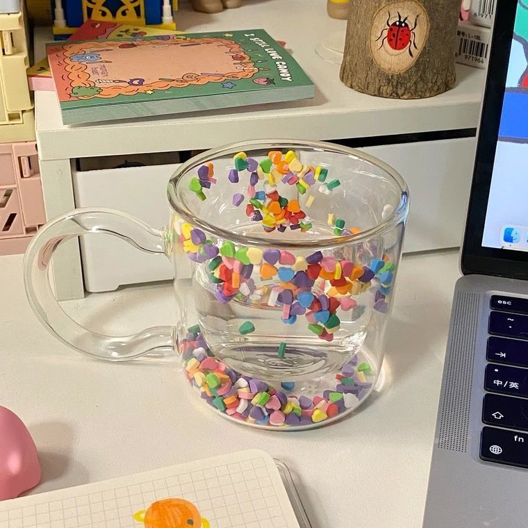 Ins High-Value Cute Glass Heart Milk Household Flowing Sand Double-Layer Creative Water Cup Mug_voghion.com