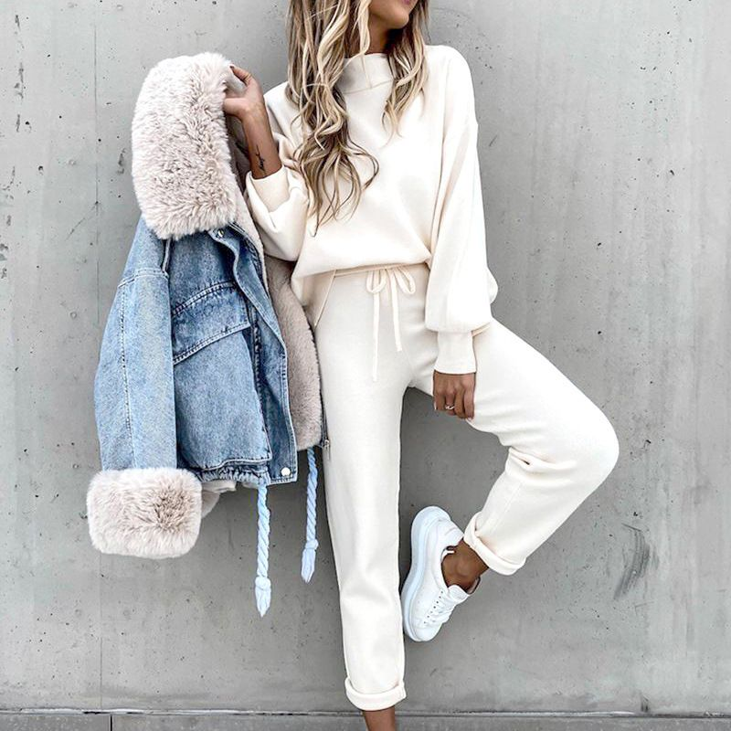 2022 automne/hiver femmes pull FD89940125 col haut décontracté solide pantalon deux pièces ensemble_voghion.com