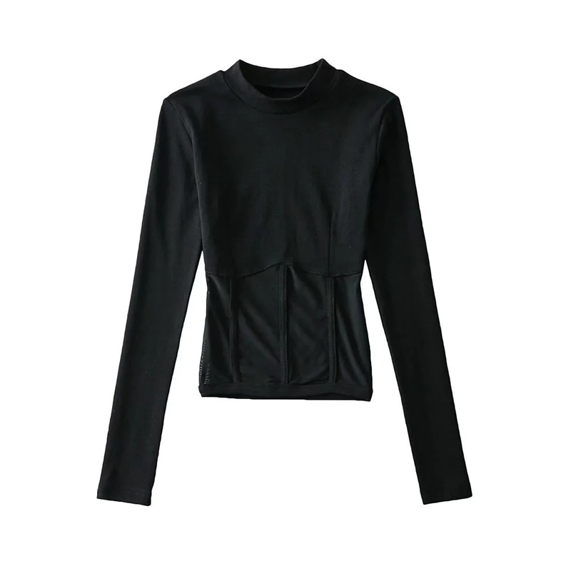 AliExpress Amazon 2022 ανοιξιάτικο νέο μακρυμάνικο μπλουζάκι με ραφές μαύρου πλέγματος για γυναίκες_voghion.com