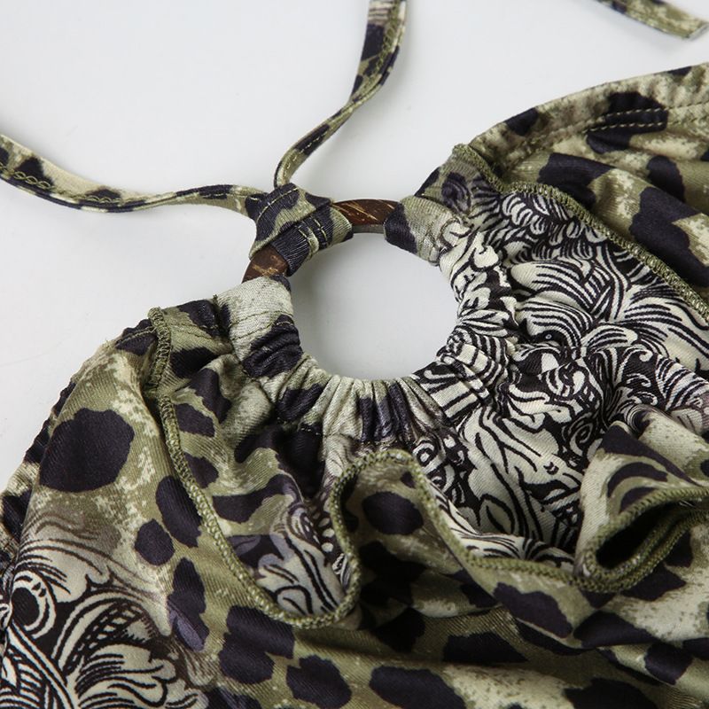 Leopardmönstrad Halsremsväst Sexig Rygglös Volangkant Mellanlång Topp Med Längd_voghion.com