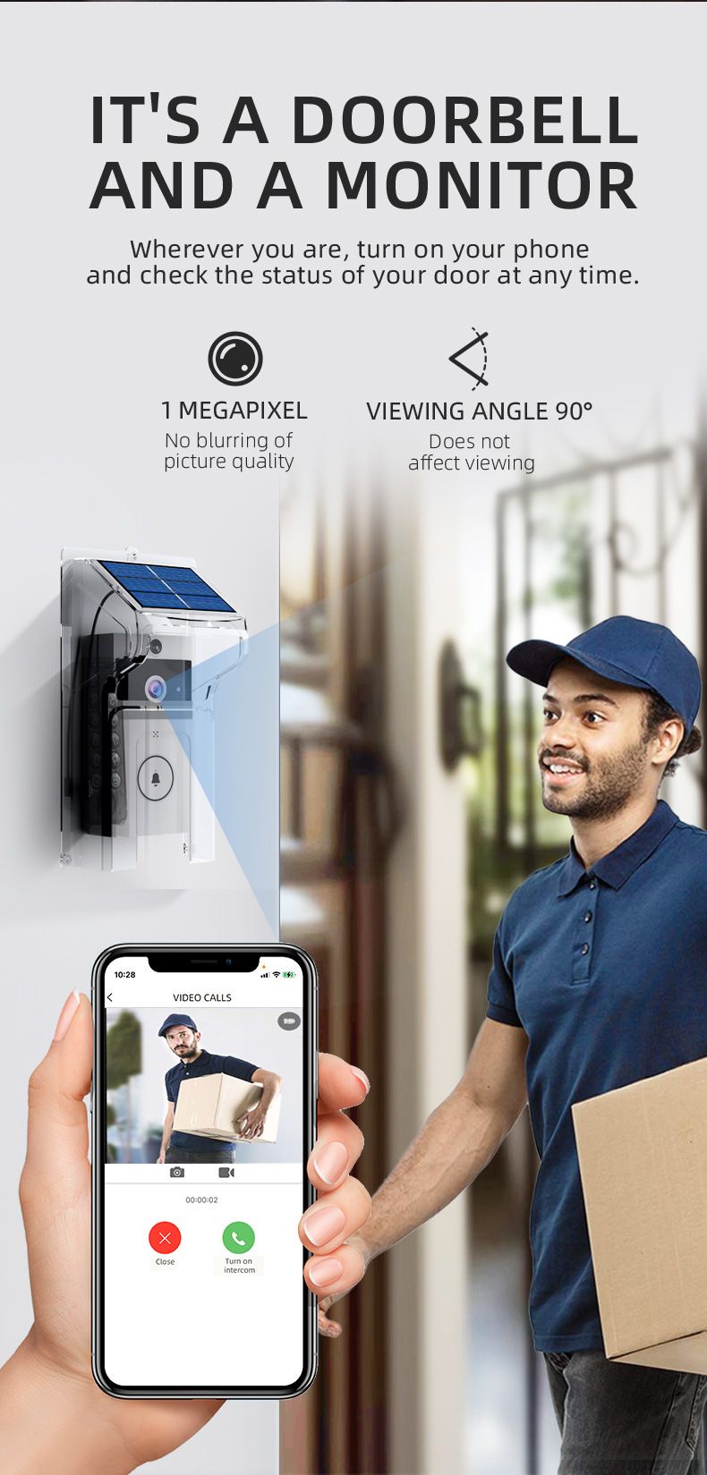 Draadloze videodeurbel met zonne-regenkap, ultralange standby-intercombewakingscamera met stemverandering_voghion.com