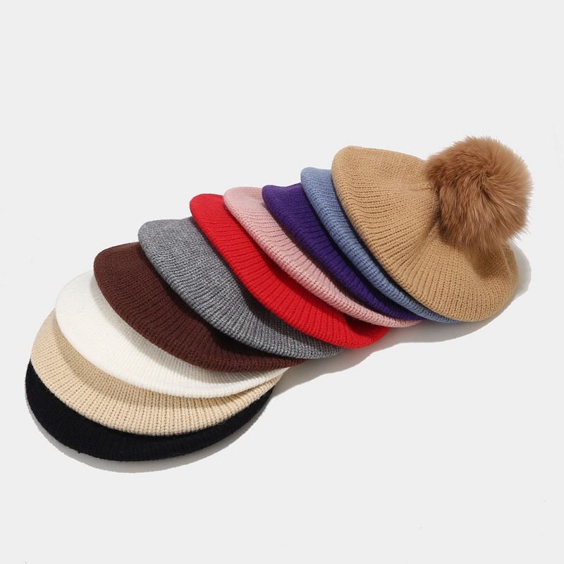 Hot Sale Women'S Elegant Removable Fox Fur Ball Berets Autumn Winter Warm Knitted Beanie Hats For Girls Solid Colour Elastic_voghion.com
