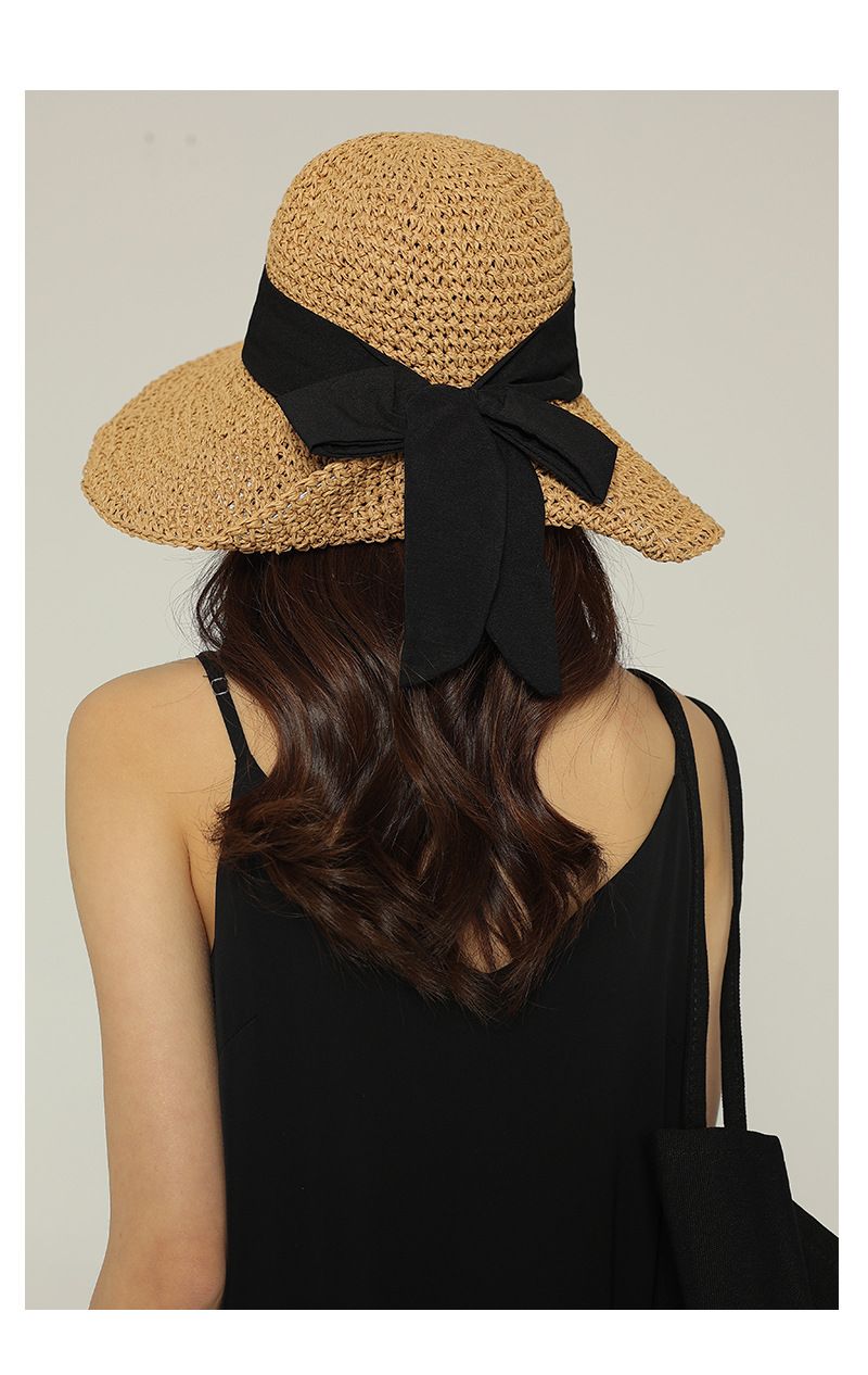Instagram-Strohhut für Damen, Sommer, faltbarer Strandhut für Damen im Urlaub, Sonnenschutzhut mit Schleife, große Krempe, dünner, atmungsaktiver Strohhut_voghion.com