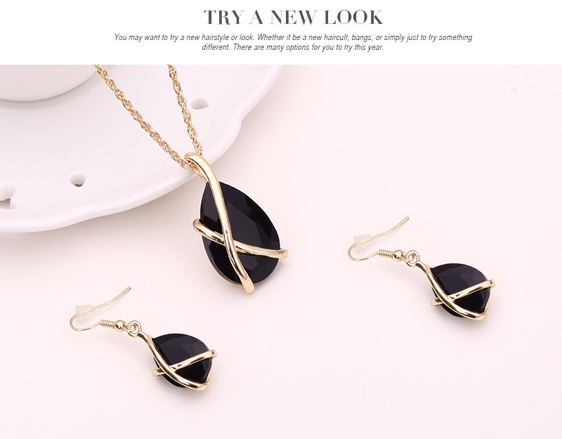 Semplice ed elegante set di collana e orecchini con goccia d'acqua a 6 colori Accessori per abbigliamento da donna Set di gioielli con ciondolo in vetro con una pietra Regali_voghion.com