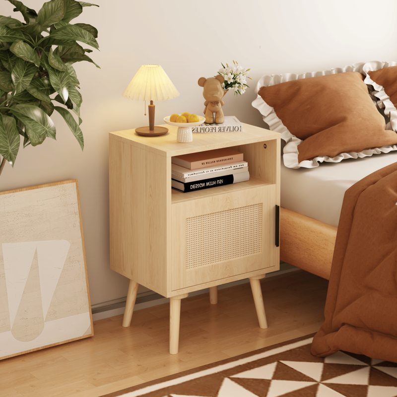 22.83" H Rattan Nightstand, Side Table With Door Open Shelf,Accent Bedside End Table With Solid Wood Legs For Bedroom, Dorm And Small Spaces_voghion.com