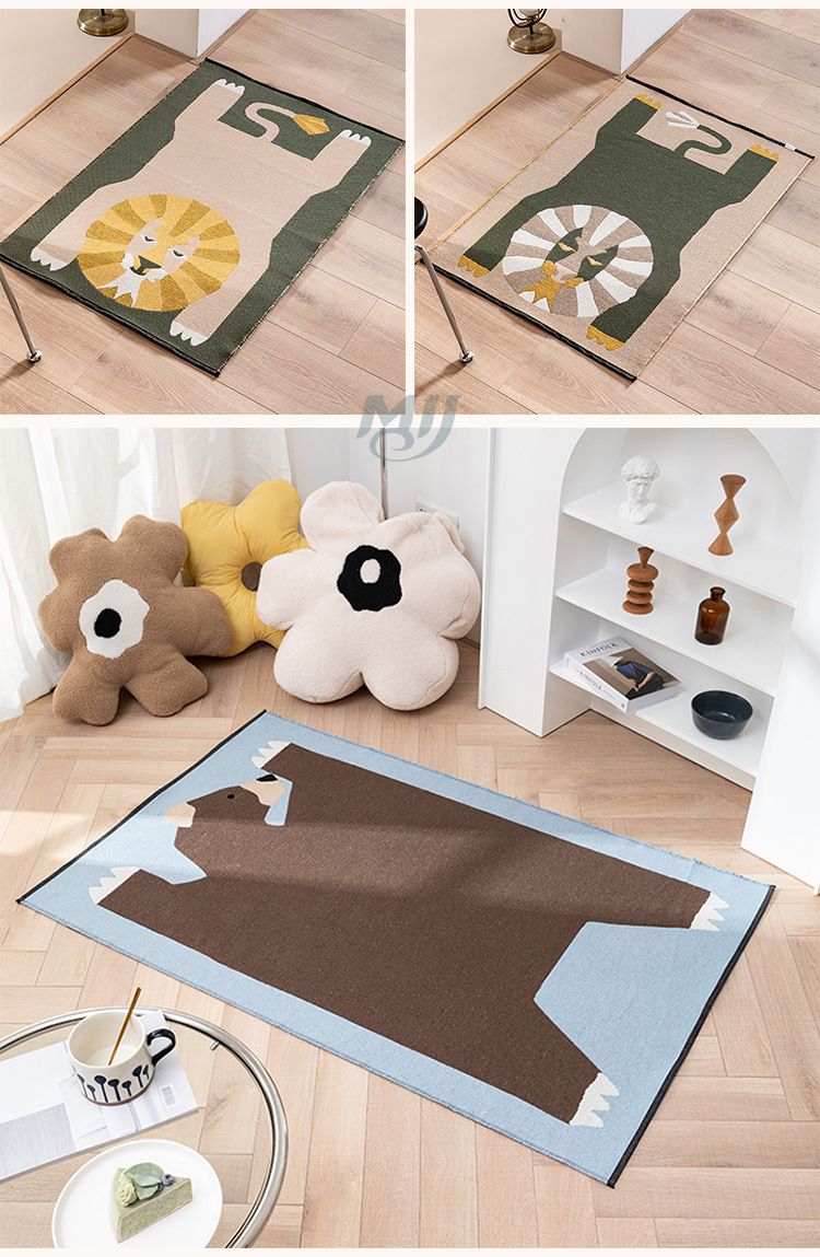 Katoenen Jacquard Krullende Vloermat met Dierenbloempatroon, Binnendeurmat, Dubbelzijdig Geweven Kleur, Beddeken, Kindervloermat_voghion.com