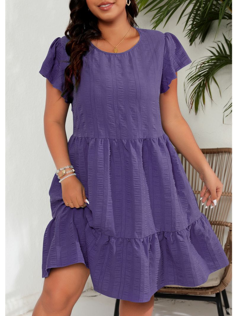 Women's Clothing Large Size Round Neck Lotus Leaf Sleeve Waist Holiday Leisure Temperament Dress_voghion.com