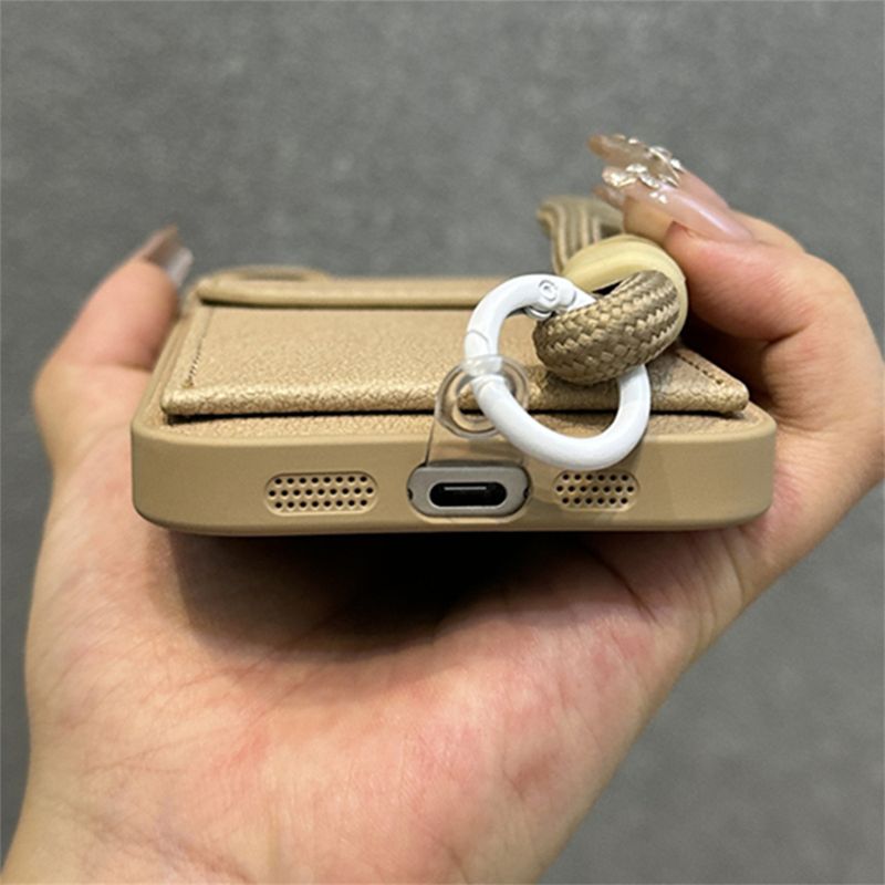 Personalized Leather Card Holder Wrist Strap Hard Phone Case For IPhone 16 14 13 15 Pro Max Plus Shockproof Bumper Back Cover_voghion.com