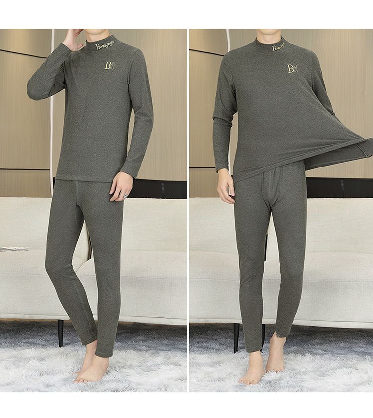 Completo intimo termico da uomo premium ricamato, strato di base invernale foderato in pile con collo alto, tessuto bifacciale ultra caldo per il freddo_voghion.com