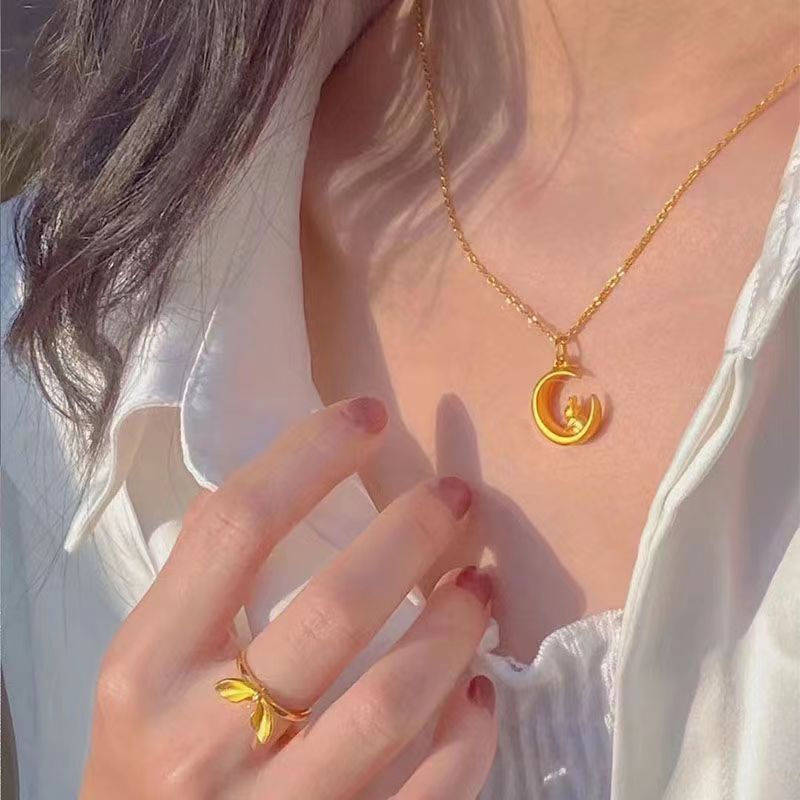 Collier de lapin en or et sable de même style avec pendentif en forme de lapin blanc et lune, anneau d'oreille de lapin, bijoux cadeaux pour petite amie_voghion.com