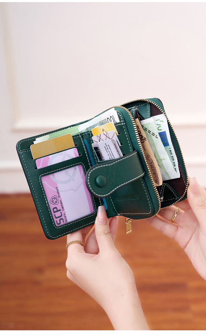 Cross Border Nieuwe RFID Anti Magnetische Korte Portemonnee Multifunctionele Ritssluiting Portemonnee Europese En Amerikaanse Retro Dames Muntenportemonnee_voghion.com