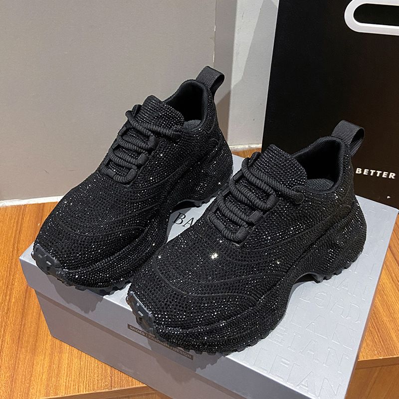 Modische Damen-Sneaker mit Strasssteinen – klobige Plateauschuhe für mehr Körpergröße, atmungsaktives Obermaterial aus PU, lässige und trendige Low-Top-Schnürschuhe_voghion.com