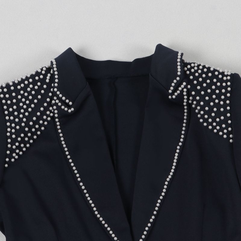 Traje de dos piezas ajustado de manga larga con perlas para mujer_voghion.com