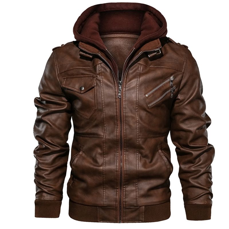 Men's Clothing leather jacket men's slim zipper PU motorcycle youth hooded coat jacket_voghion.com