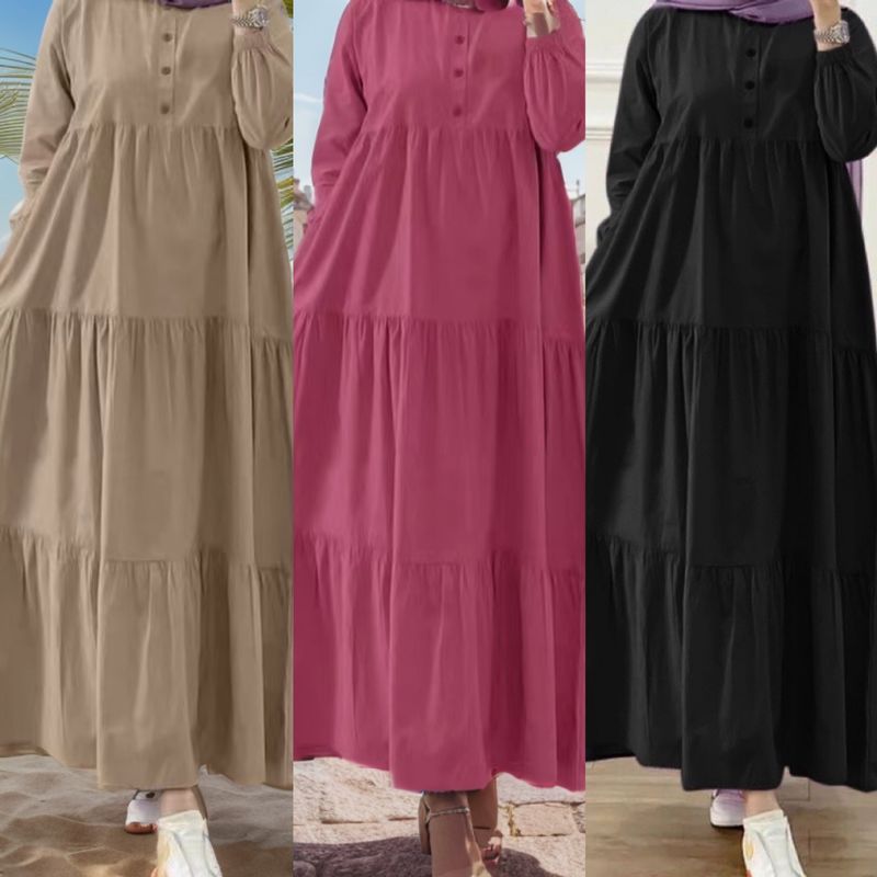 Damenbekleidung, neues muslimisches, einfarbiges, lockeres, lässiges Kleid aus Baumwolle und Leinen mit Knopfleiste und langen Ärmeln_voghion.com