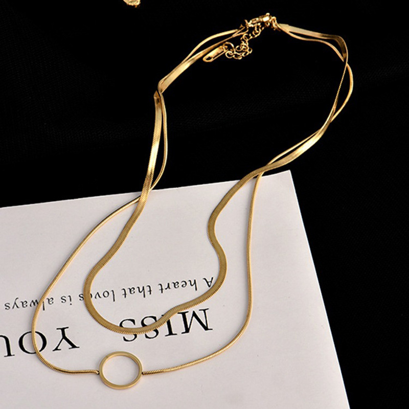 European and American cross-border fashion niche creative high-end double-layer snake chain hollow titanium steel circle pendant accessories necklace_voghion.com