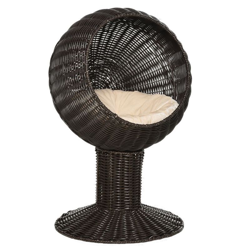 27' Rattan Wicker Elevated Cat House Kitty Scratch House Pet Bed W/ Cushion_voghion.com