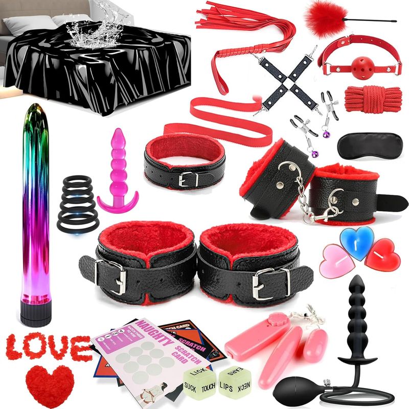 31pcs BDSM Restraints Kit Sex Toy, Anal Plug Handcuff Mouth Gag Spanking Paddle Bondage Bed, SM Adult Games Cosplay Toys For Couples Men Women_voghion.com