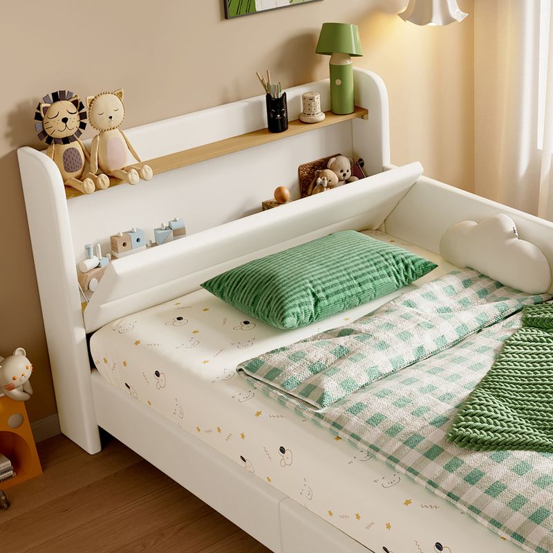 Lit de jour pour enfant avec structure en métal, canapé-lit une place, lit de rangement blanc pour enfant avec table de chevet rabattable, 3 petits compartiments de rangement, PU, MDF et contreplaqué, 90 x 200 cm_voghion.com