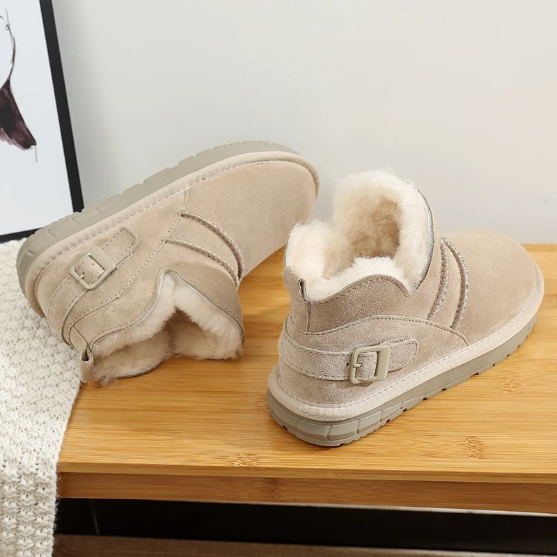 Wasserdichte Schneestiefel Damen kurze Stiefel neue 2023 Winter echtes Leder flache Unterseite kurze Röhre plus samtverdickte Wolle-Baumwoll-Schuhe trendy_voghion.com