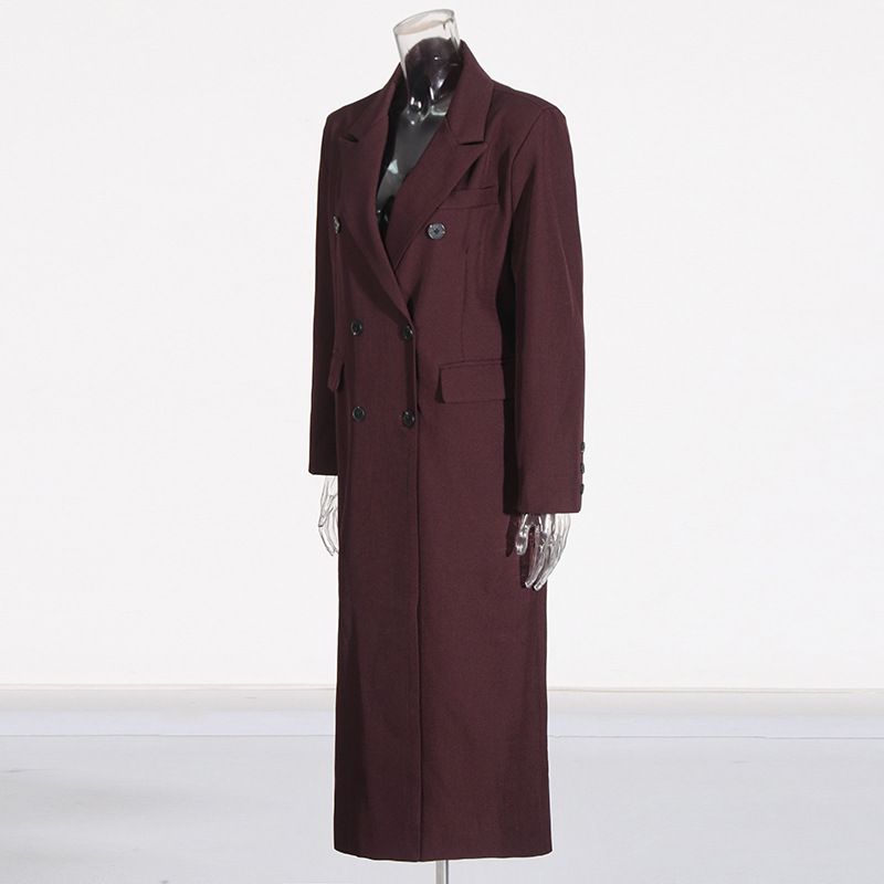 Women’s Elegant Long Trench Coat – French-Inspired Double-Breasted Coat With Notched Lapel (Angora Red/Black, S-XL, Wrinkle-Resistant)_voghion.com
