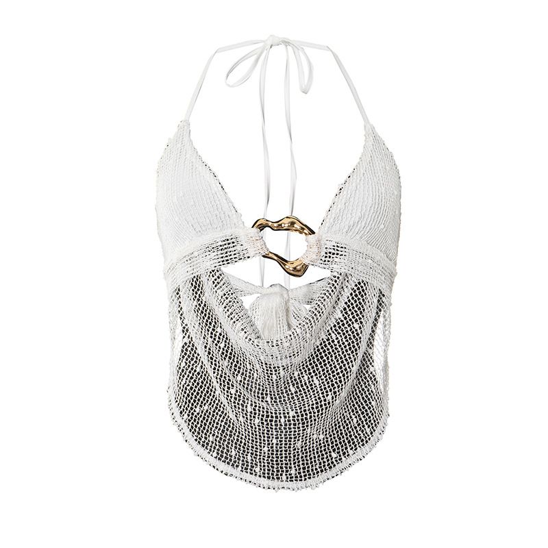 Top con scollo a V e laccetti, motivo scozzese a pois e decorazioni in metallo, da donna_voghion.com