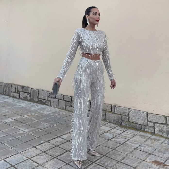 Pantaloni a gamba larga con nappe e paillettes da donna, abito da festa_voghion.com