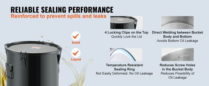VEVOR Fryer Grease Bucket, 10 Gal Oil Disposal Caddy Stainless Steel Fryer Oil Bucket Rust-Proof Coating, Oil Transport Container With Lid, Lock Clips, Filter Bag For Hot Cooking Oil Filtering, Black_voghion.com
