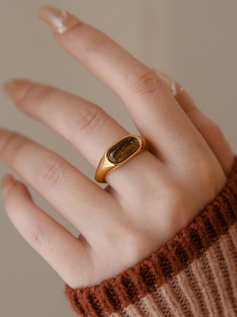 Anello da sella in pietra naturale occhio di tigre placcato di alta qualità per donna, anello a forma di spiga di grano, design impilabile, regolabile_voghion.com