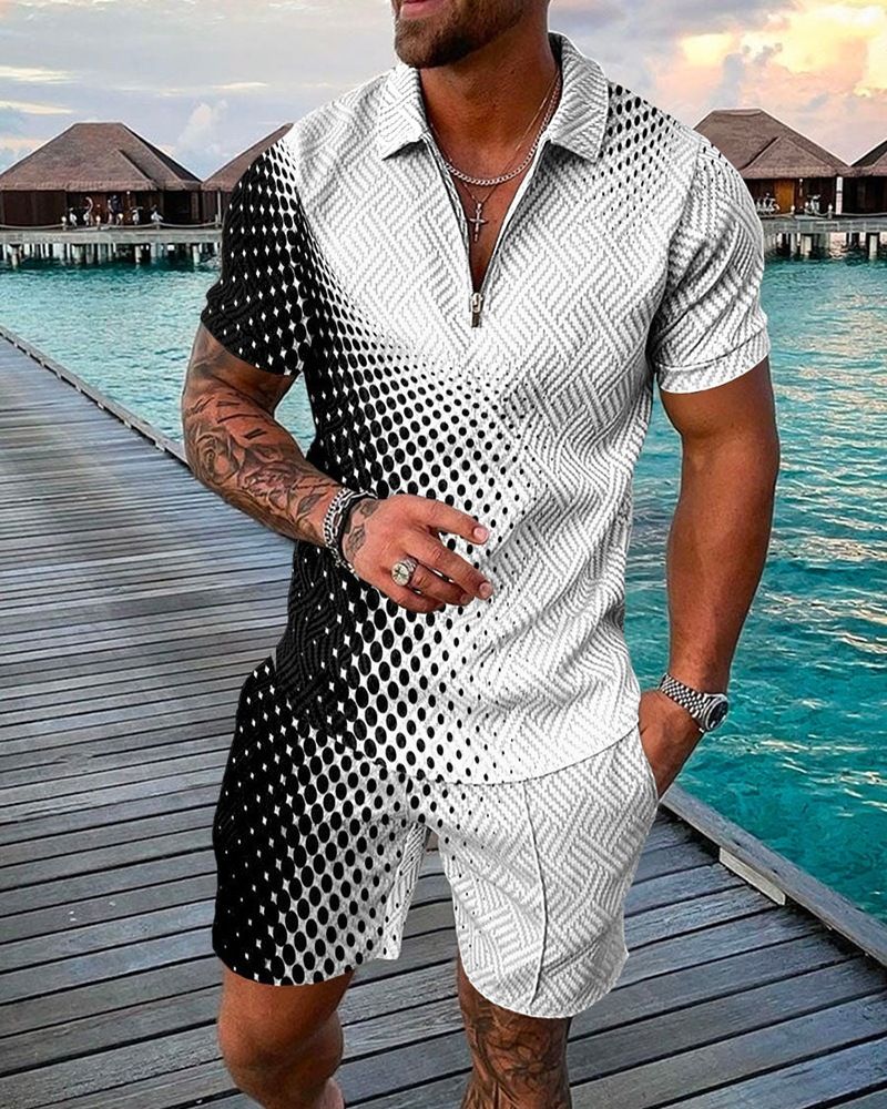 Meeste mood vabaaja ülikond 3D digitaalprintimine tõmblukuga lühikeste varrukatega meeste lühikesed püksid_voghion.com
