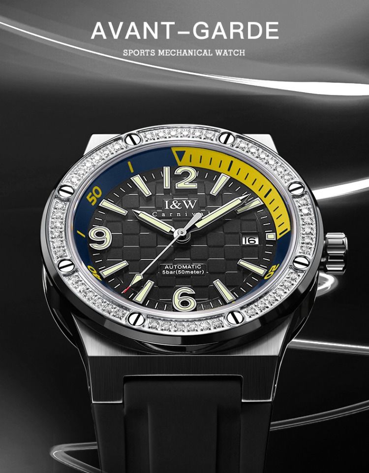 Orologio sportivo IW da uomo, alla moda, automatico, meccanico, militare, con calendario impermeabile fino a 50 m, lancette luminose, cinturino in gomma_voghion.com