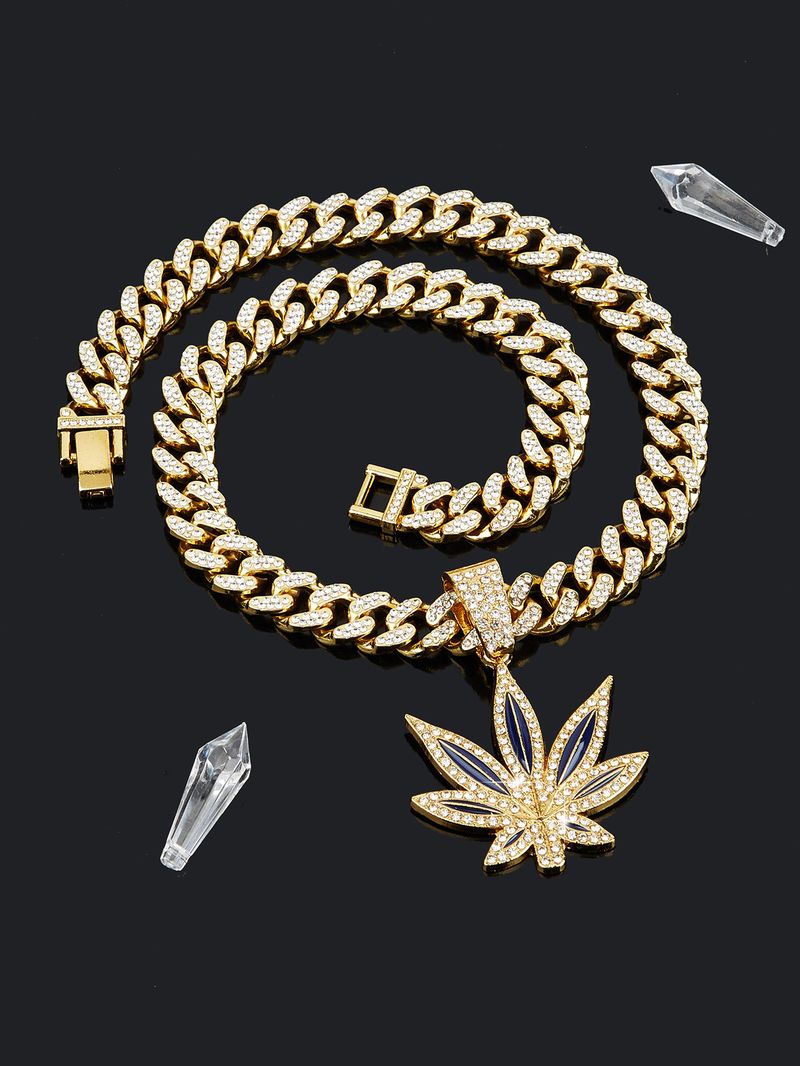 Heißer Verkauf Mode Diamant Rot Und Blau Emaille Ahornblatt Halskette Männer Hip Hop Punk Anhänger Halskette_voghion.com