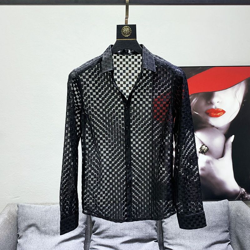 Camicia a scacchiera traforata da uomo, versione coreana, in mesh traspirante, con fodera alla moda, vestibilità slim._voghion.com