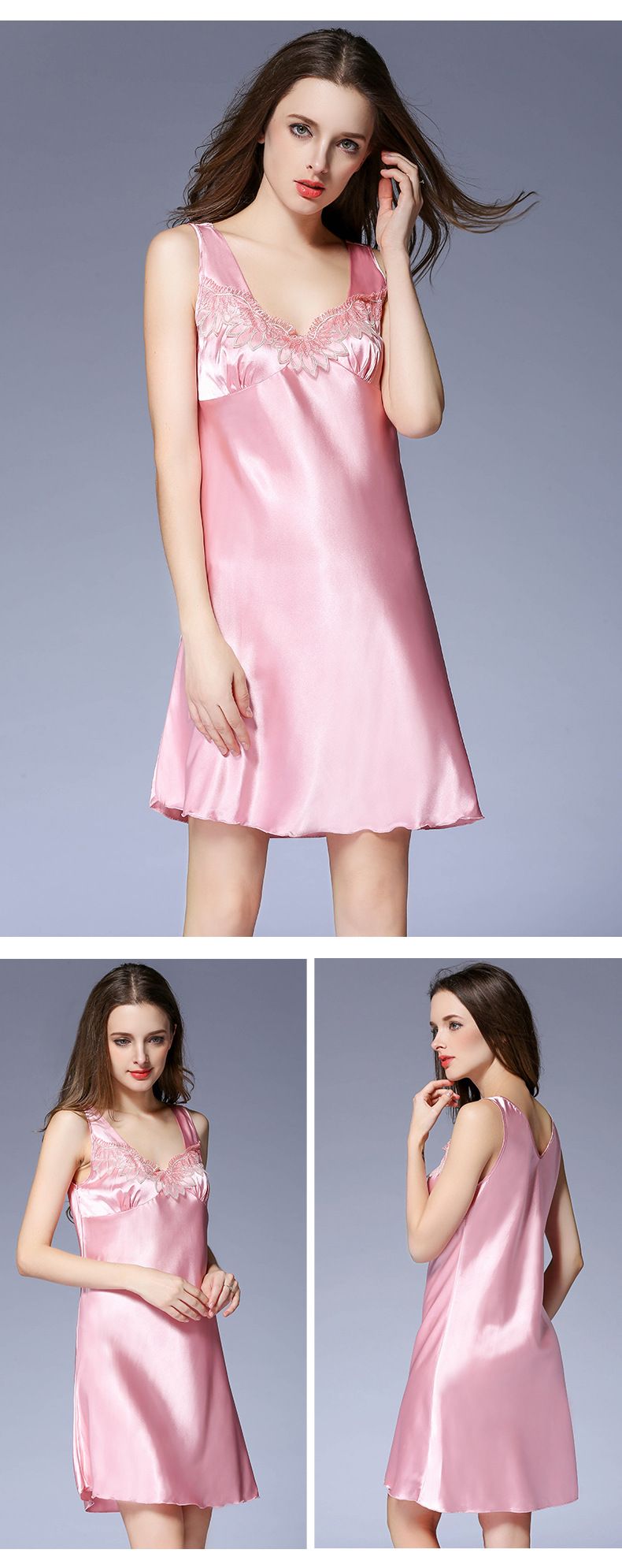 Camisón sexy de seda de hielo para mujer, de verano, con encaje, sin mangas, holgado, de talla grande_voghion.com