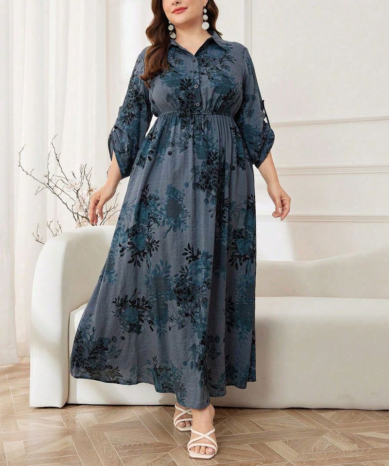 Vestido de verano de talla grande, elegante, informal, con estampado floral, escote en V, corte A y largo medio, en mezcla de lino y algodón transpirable. Ideal para vacaciones._voghion.com