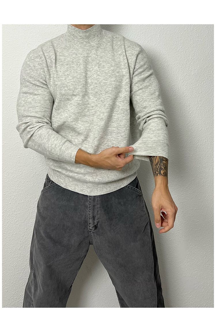 Maglione semi-dolcevita slim fit da uomo - Pullover in maglia elasticizzata per una vestibilità aderente, strato di base termico a maniche lunghe, abbigliamento casual in stile retrò_voghion.com