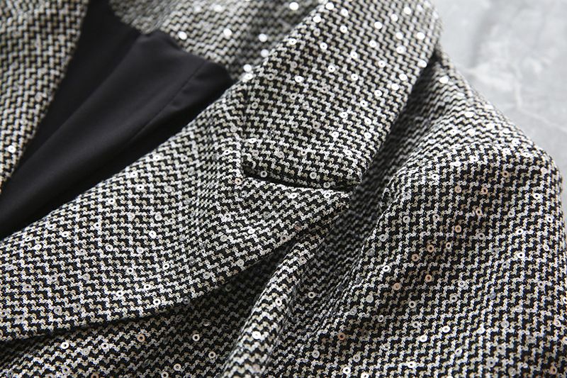 Women's Clothing Women's Elegant Blazer With Sequins - Office Commuter Jacket, Loose Fit, Tweed Pattern, Single-Breasted, Long Sleeve, Grey_voghion.com