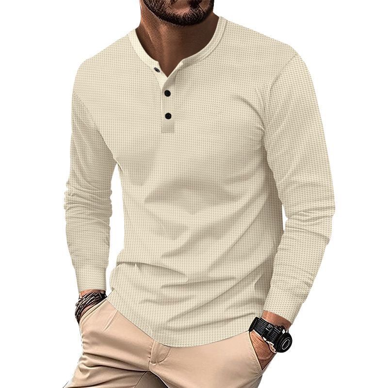 Maglietta casual a nido d'ape a maniche lunghe con colletto e bottoni da uomo in stile americano, primavera e autunno_voghion.com