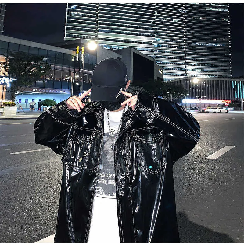 Giacca da uomo in finto Mauroicardi autunno oversize riflettente in vernice lucida con tasche a maniche lunghe 2022 gotico allentato_voghion.com
