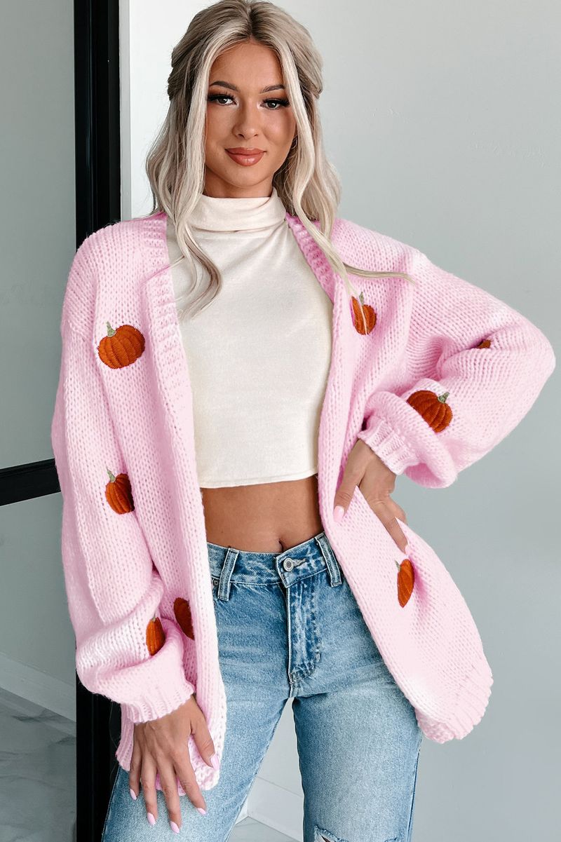 Cardigan lavorato a maglia con zucca ricamata alla moda - Maglione aperto sul davanti a maniche lunghe per donna (bianco/giallo/nero/rosa, S/M/L/XL)_voghion.com