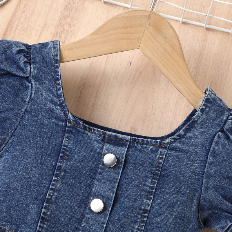 Baby Clothing Girls' dress Girls' square collar lantern sleeve top fractious pleated skirt multi-button cowboy girls' suit_voghion.com