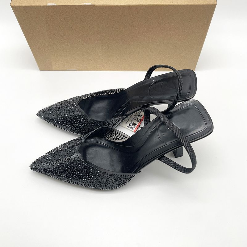 p9French high-heeled women's shoes pointed toe black rhinestones shallow mouth with empty back straps and slingback_voghion.com