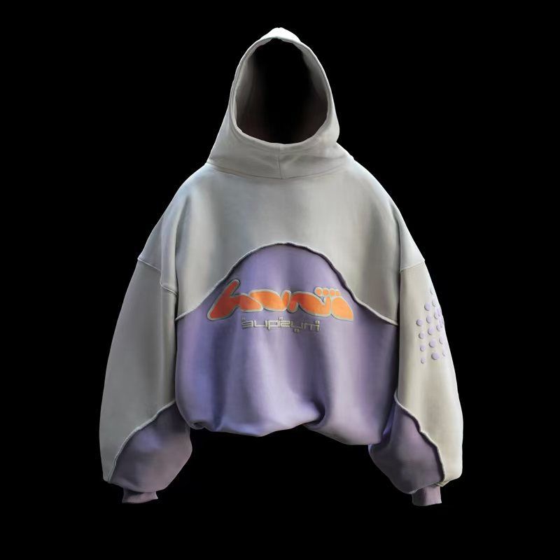 Felpa con cappuccio streetwear – Pullover con stampa grafica in schiuma 3D (nero/grigio e color block)_voghion.com