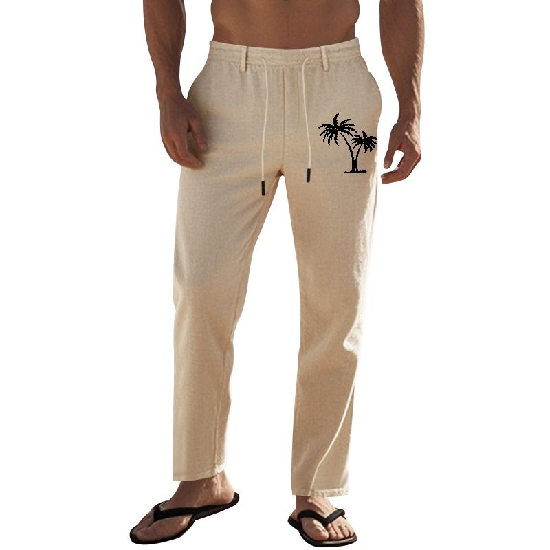 Geeignet für alle Jahreszeiten: Atmungsaktive, lockere Sporthose aus Leinen im amerikanischen Stil für Herren mit Kokosnussbaum-Print_voghion.com